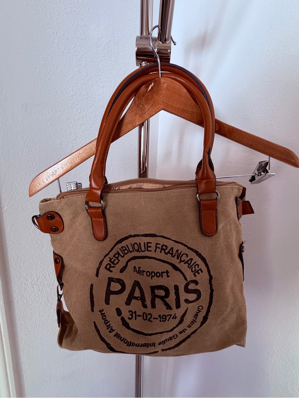 PARIS Canvas Tote Bag with Brown Leather Handles